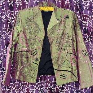 Embroidered Floral Blazer in Olive and Pink